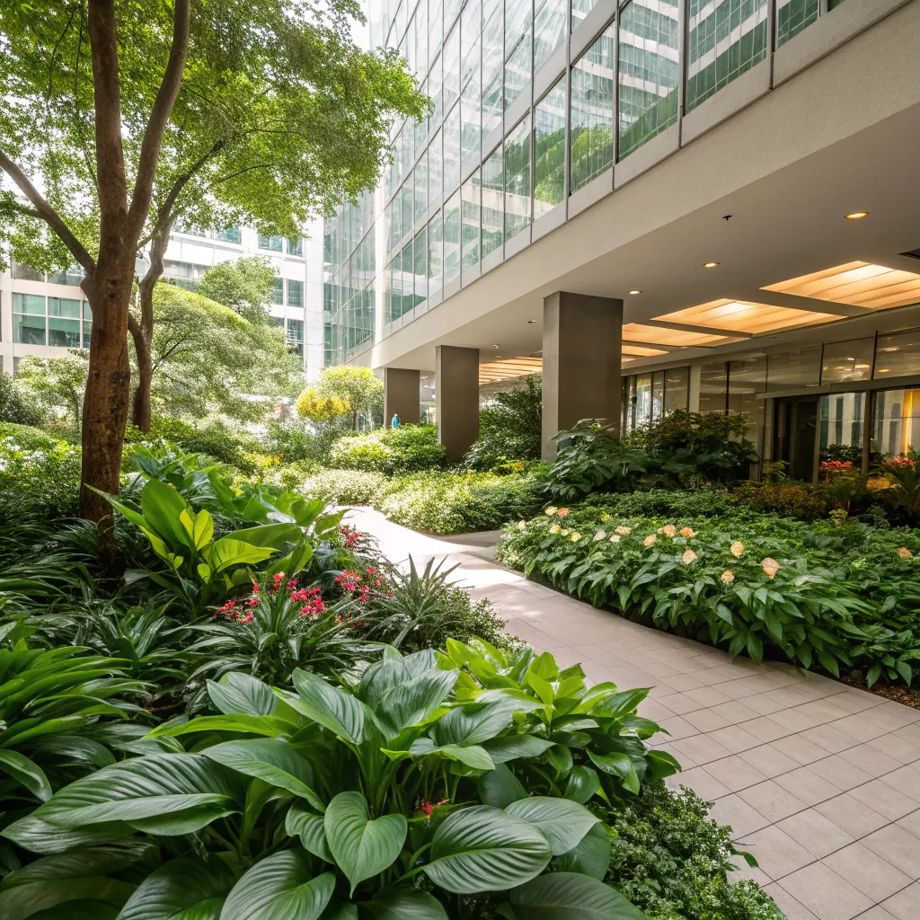 Lush office garden with green plants