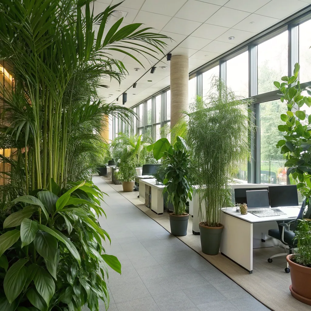 Lush office interior with green plants