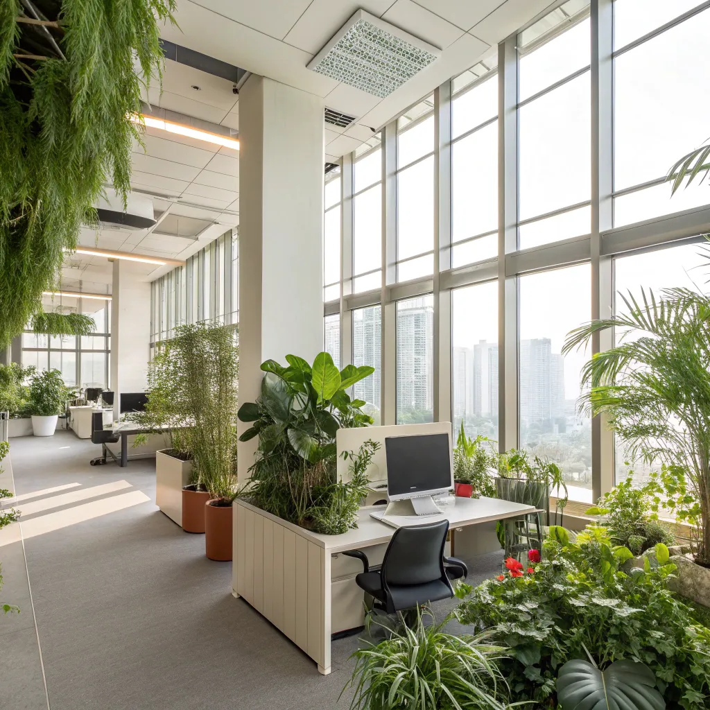 Sustainable office design with natural light and plants